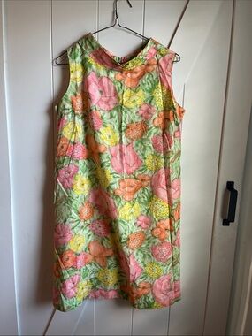 Vintage Floral Midi Dress in Pink, Orange, Yellow, Green